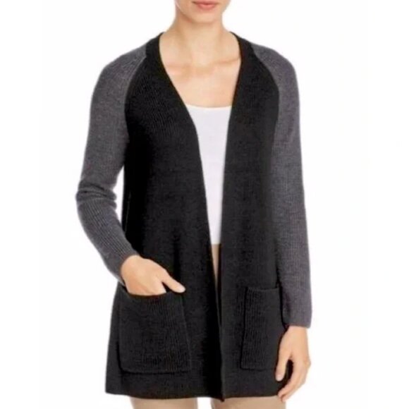 Eileen Fisher Merino Wool Open Front Cardigan, Black with Grey Sleeves, M - Picture 3 of 13